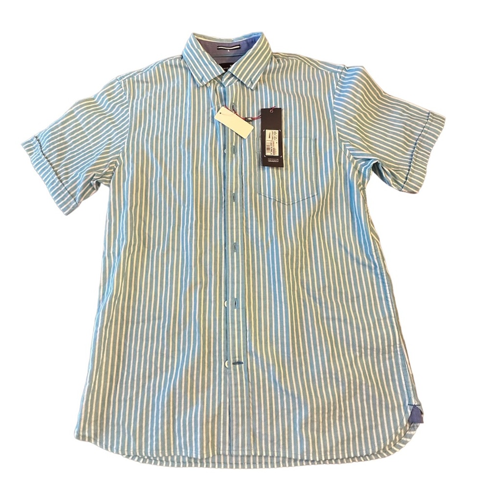 M&S BLUE HARBOUR Regular Fit striped button down dress shirt Sz S 100% Cotton